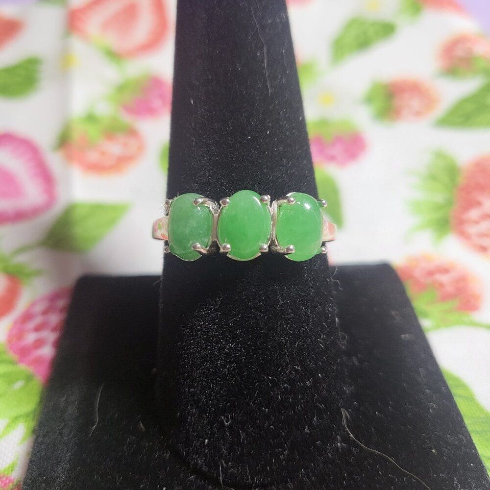 Natural Green Jade 3 Stone Sterling Silver Ring